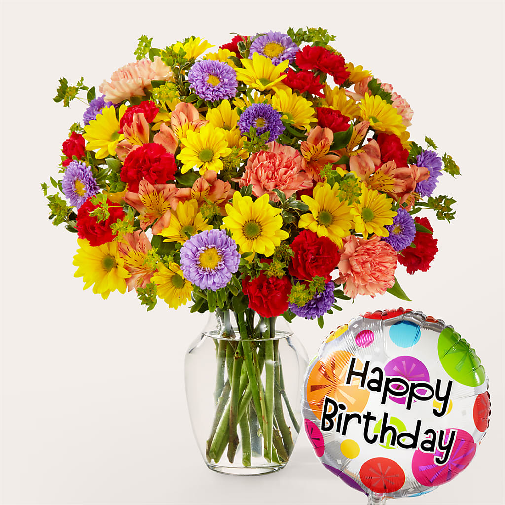 Kaleidoscope Bouquet with Birthday Balloon – Jax Flowers Corp, Orange Park FL