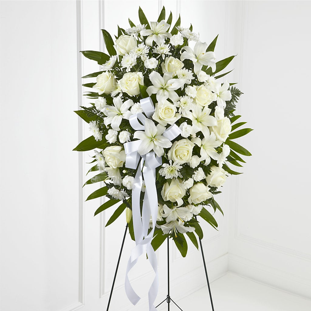 Exquisite Tribute Standing Spray-White Ribbon – Jax Flowers Corp, Orange Park FL